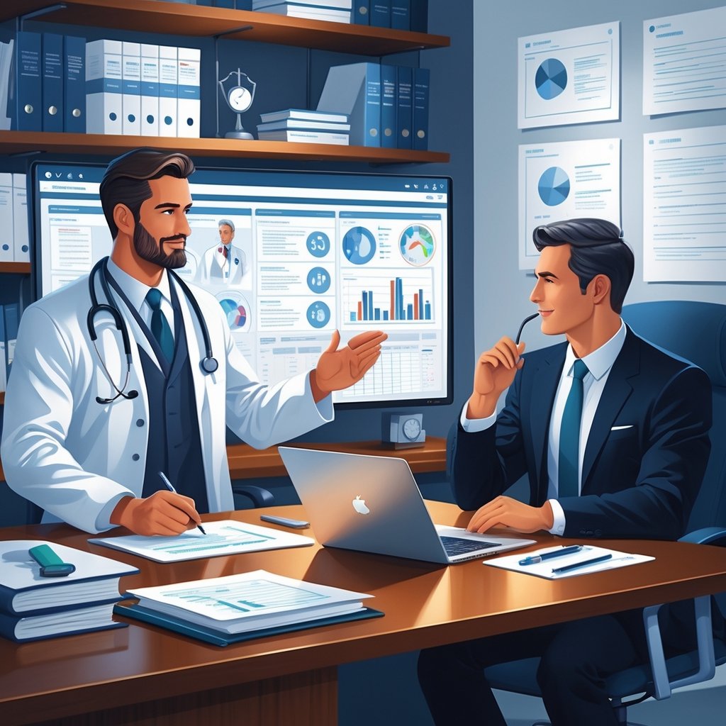 A medical expert and a legal professional working together at a desk, reviewing medical documents and legal notes in a well-equipped office.