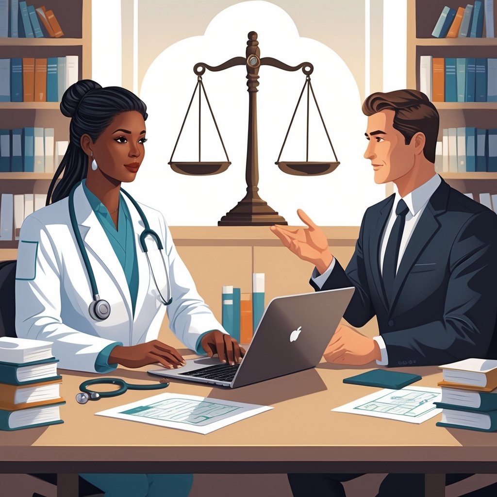 A medical professional and a legal expert seated at a desk discussing documents with a balanced scale of justice and books in the background.