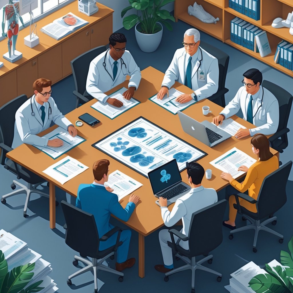 A group of diverse professionals including a forensic pathologist, clinical psychologist, radiologist, and medical legal consultant working together around a conference table with medical and legal documents.