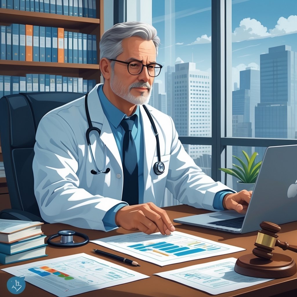 A person in a white lab coat sitting at a desk with medical documents and a laptop, surrounded by books and medical-legal tools in an office.