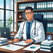 A medical legal officer sitting at a desk with medical and legal materials in a well-lit office.