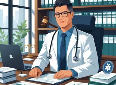 A medical legal officer sitting at a desk with medical and legal materials in a well-lit office.