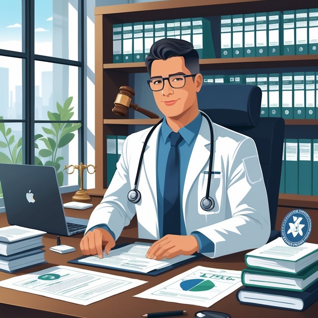 A medical legal officer sitting at a desk with medical and legal materials in a well-lit office.