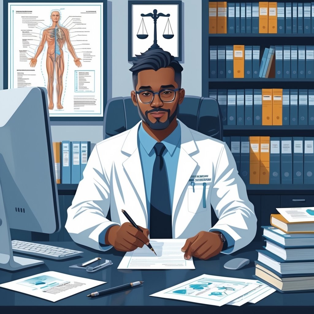 A medical legal officer reviewing documents at a desk in an office with medical books and legal symbols around.