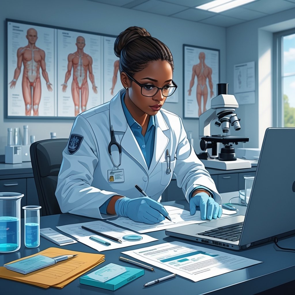 A medical-legal officer in a lab coat examining forensic evidence on a desk in a clinical investigation room with medical instruments and documents.