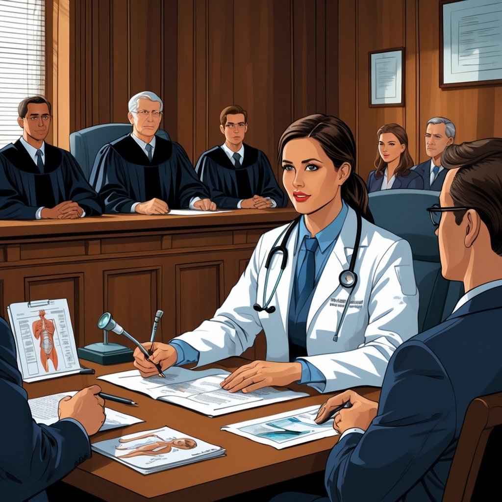 A medical professional testifying in a courtroom, speaking to a judge and jury with medical documents and models nearby.