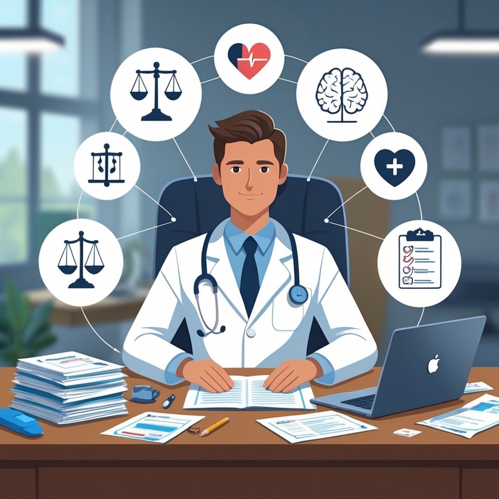 A medical legal officer working at a desk with medical records and legal documents, surrounded by symbols of justice, ethics, and medical knowledge.