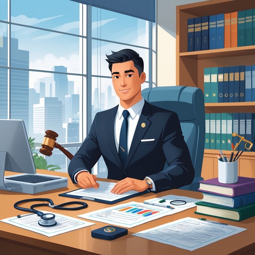 A medical legal officer in a professional office, working with both medical tools and legal documents on a desk.