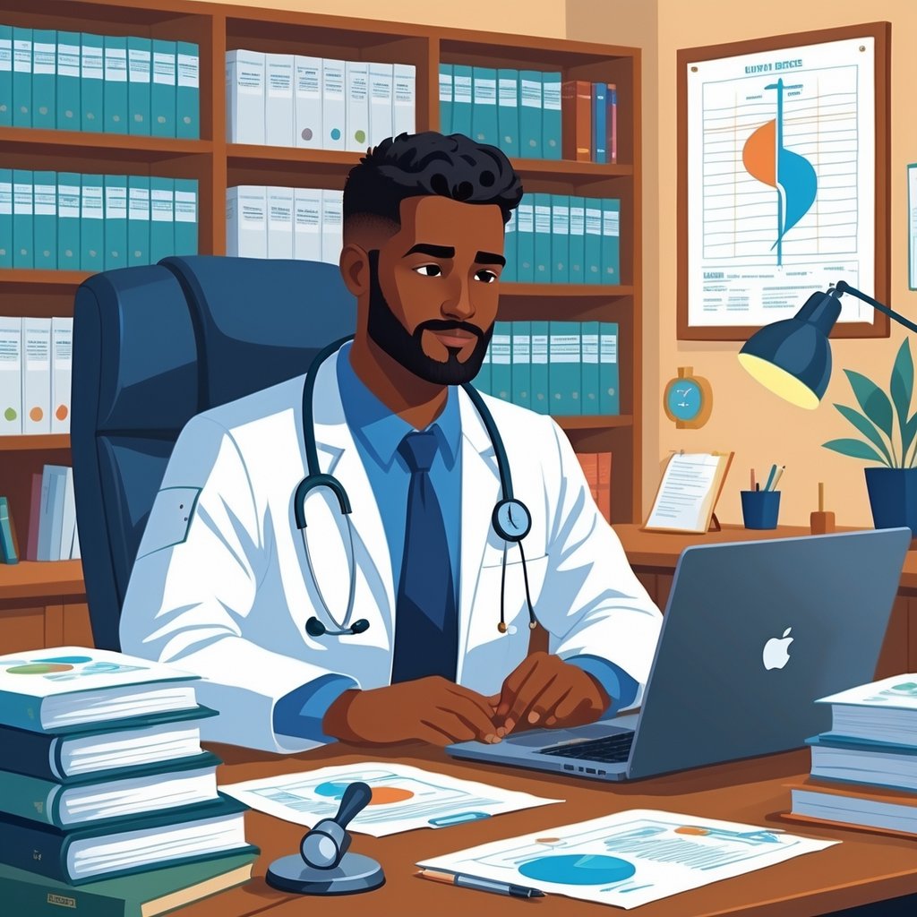 A medical legal officer in a white coat reviews documents at a desk with medical and legal books in the background.