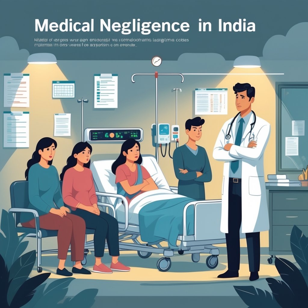 A hospital room in India showing a worried patient and family with a concerned doctor, alongside symbols representing medical and legal themes.