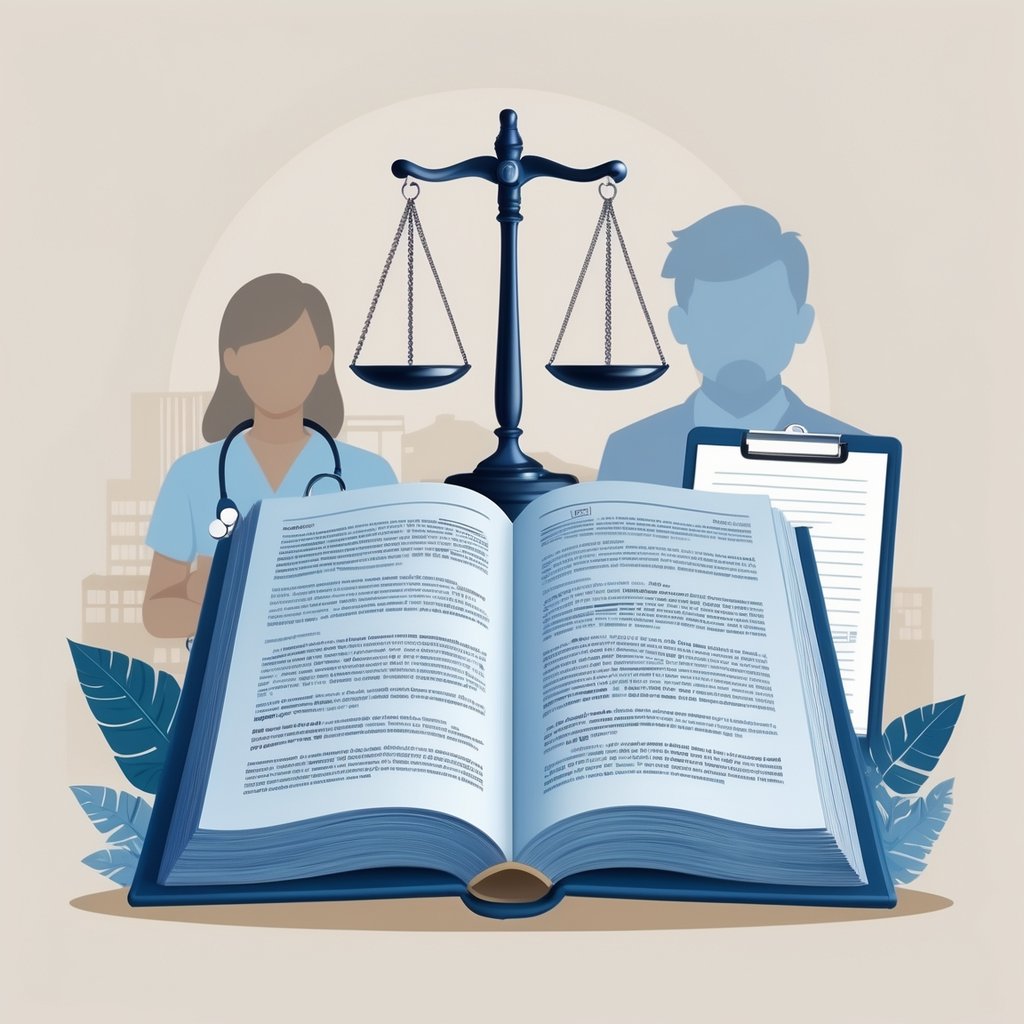 An illustration showing a law book with scales of justice above it, surrounded by medical symbols like a stethoscope and a doctor’s hand, with a hospital scene and the Indian flag in the background.