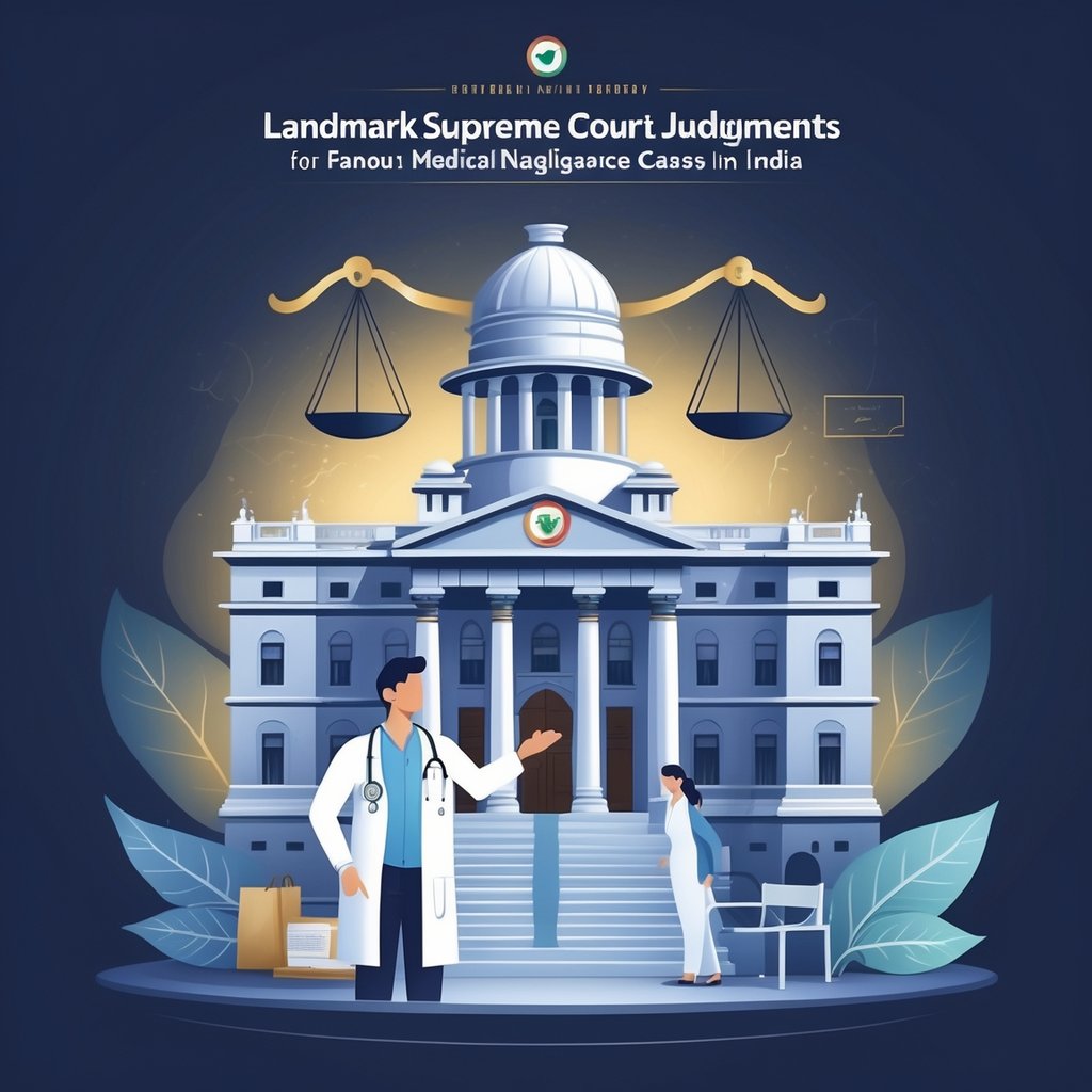 Illustration showing the Indian Supreme Court building with a doctor and patient in a hospital scene, scales of justice above, and subtle Indian cultural elements around.