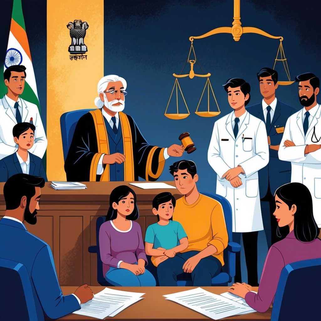 A courtroom scene showing a judge, a concerned family, and medical professionals in a legal setting related to medical negligence in India.