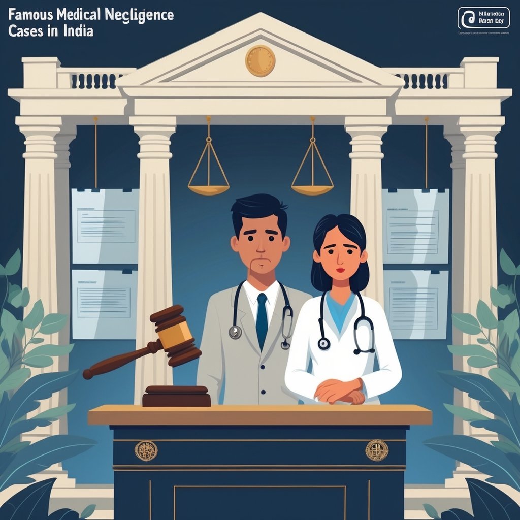 A courtroom scene showing a judge's bench with a gavel, a doctor standing beside a concerned patient, and legal and medical documents in the background, set inside an Indian courthouse.