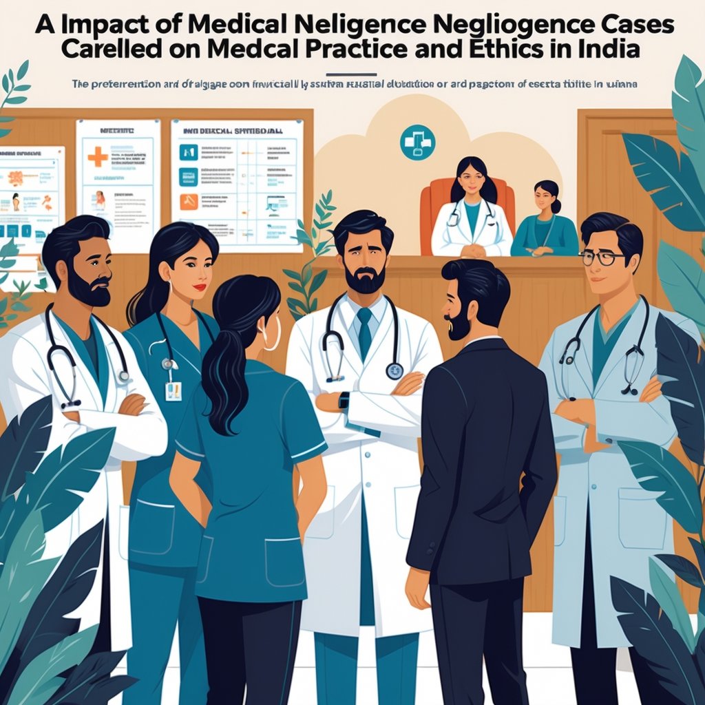 A hospital scene with doctors and nurses discussing while a courtroom with a judge and lawyers is visible in the background, representing medical practice, ethics, and legal impact in India.
