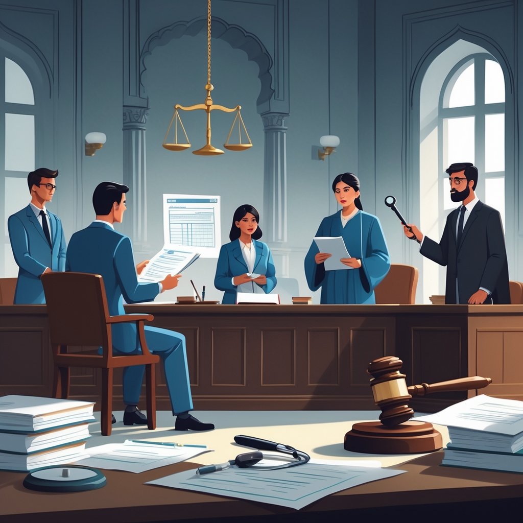 Courtroom scene showing a judge, lawyers, and a medical professional in testimony with medical and legal elements present.