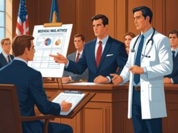 A courtroom scene showing a judge, a lawyer presenting evidence, a medical expert witness, and a jury during a medical malpractice trial.