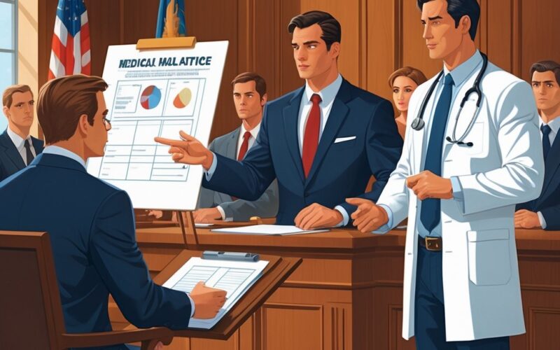 A courtroom scene showing a judge, a lawyer presenting evidence, a medical expert witness, and a jury during a medical malpractice trial.
