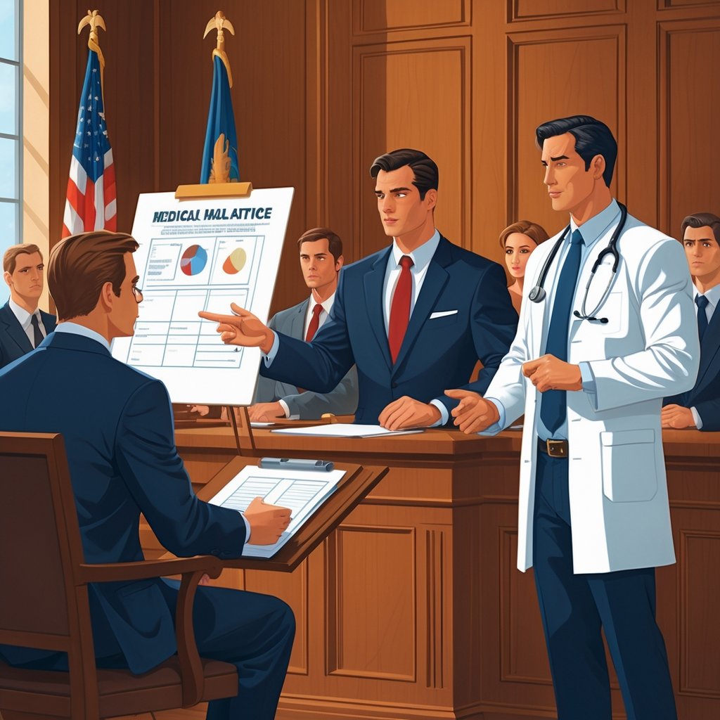 A courtroom scene showing a judge, a lawyer presenting evidence, a medical expert witness, and a jury during a medical malpractice trial.