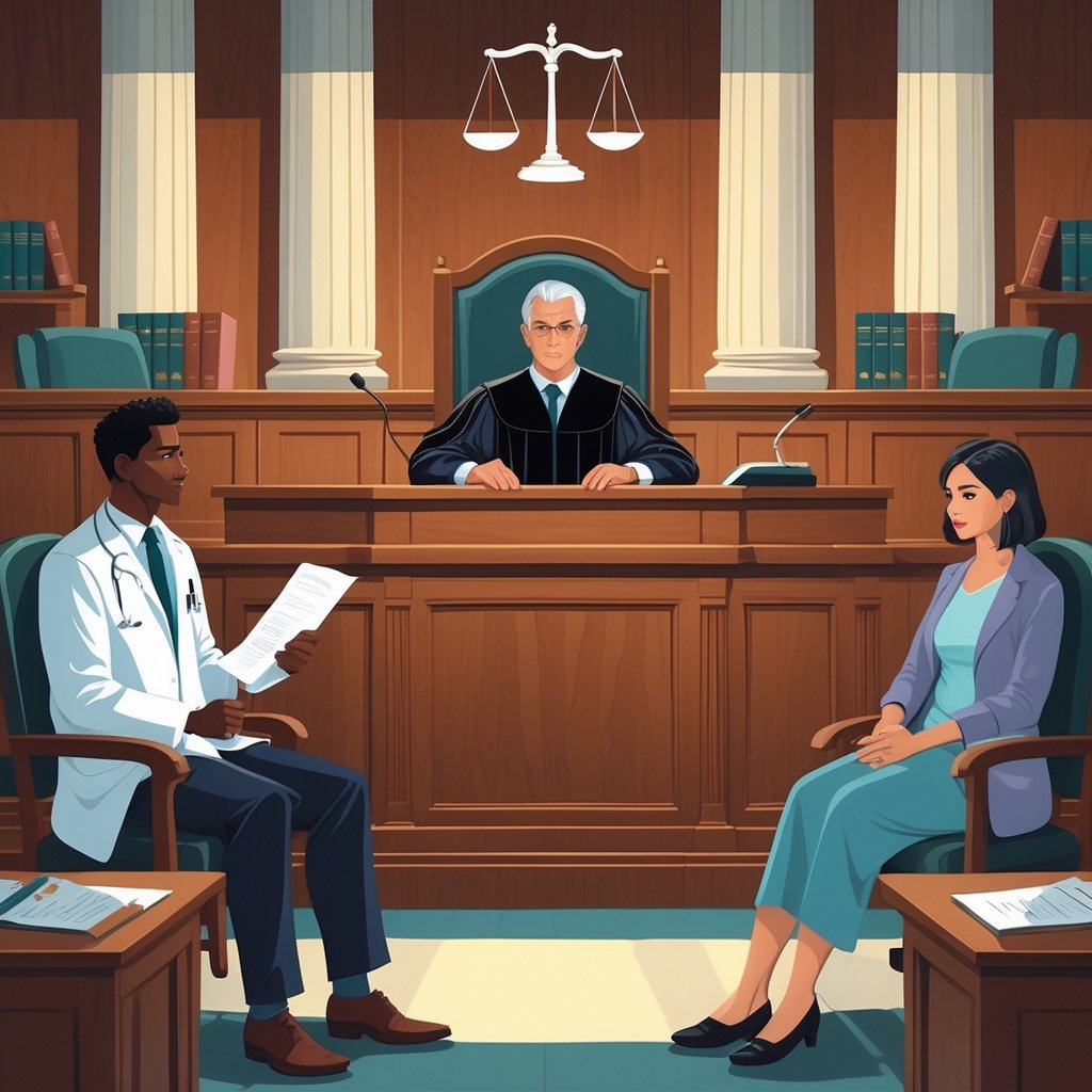 A courtroom scene showing a judge, a lawyer presenting medical evidence, and a doctor with a patient during a medical malpractice trial.