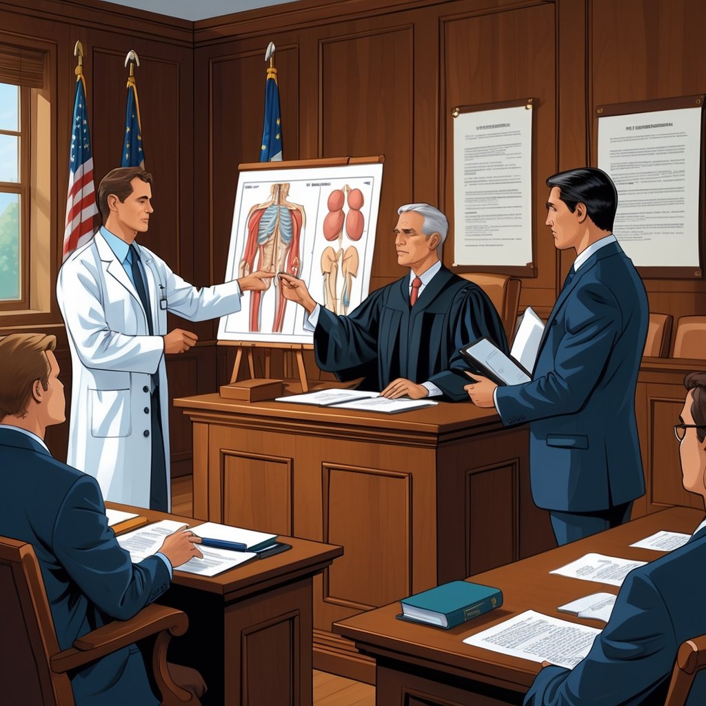 A courtroom scene with a judge, jury, a medical expert witness, and a lawyer presenting evidence during a medical malpractice trial.