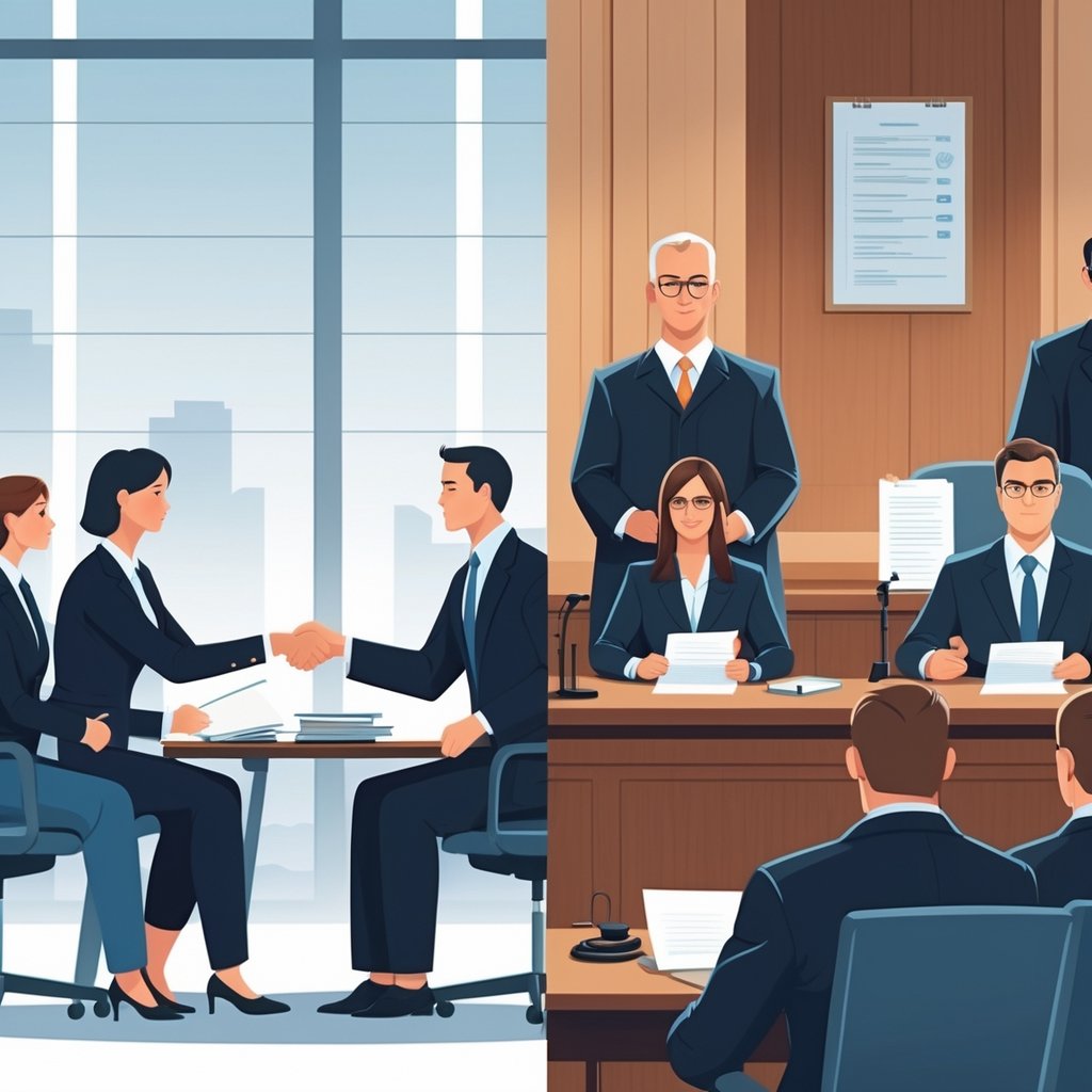 Two scenes side by side showing a group negotiating a settlement at a table on the left and a courtroom trial with a judge, lawyer, and jury on the right, with medical items present in both.