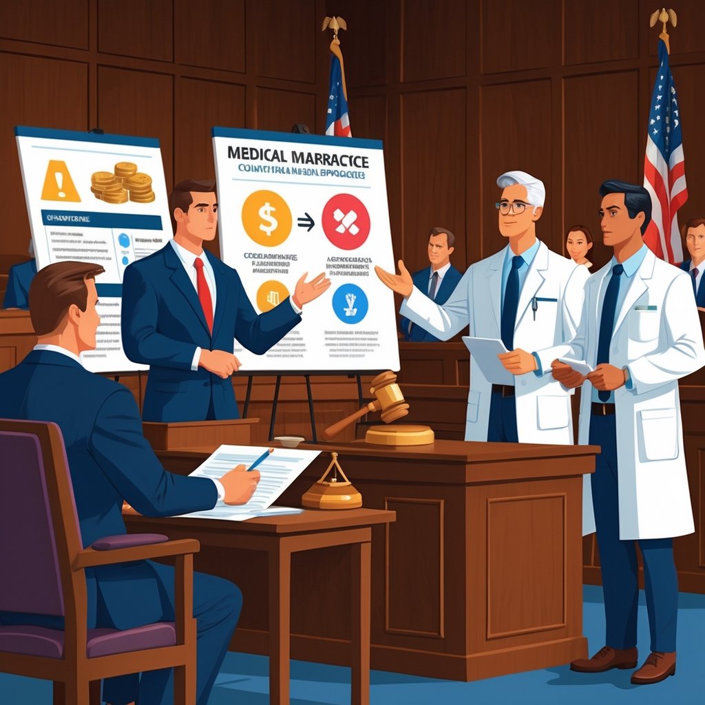A courtroom scene showing a judge, a lawyer presenting evidence with a chart, a medical expert with an anatomical model, and a jury listening during a medical malpractice trial.