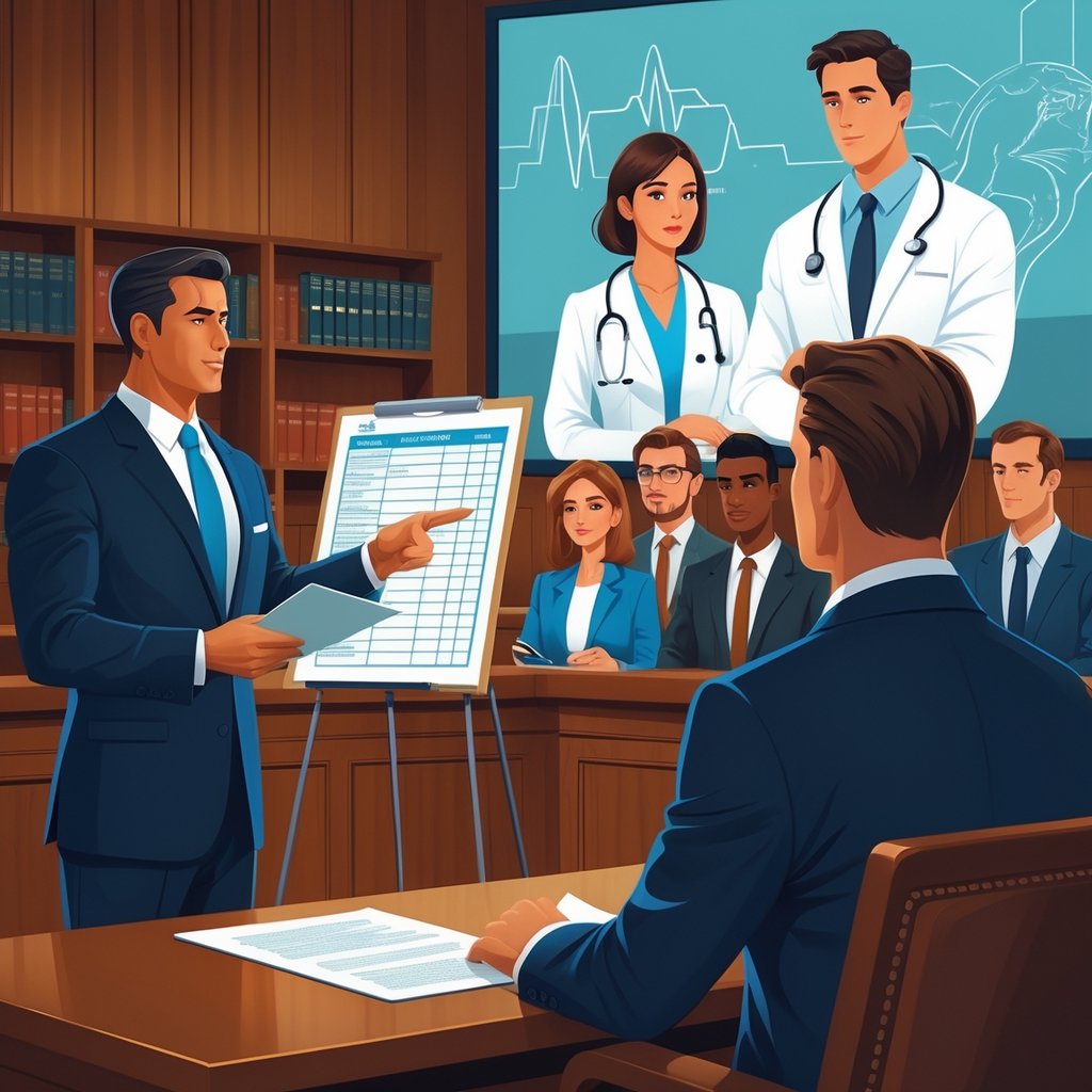 A courtroom scene with a medical malpractice attorney presenting evidence to a judge and jury, with a medical chart and a hospital image in the background.