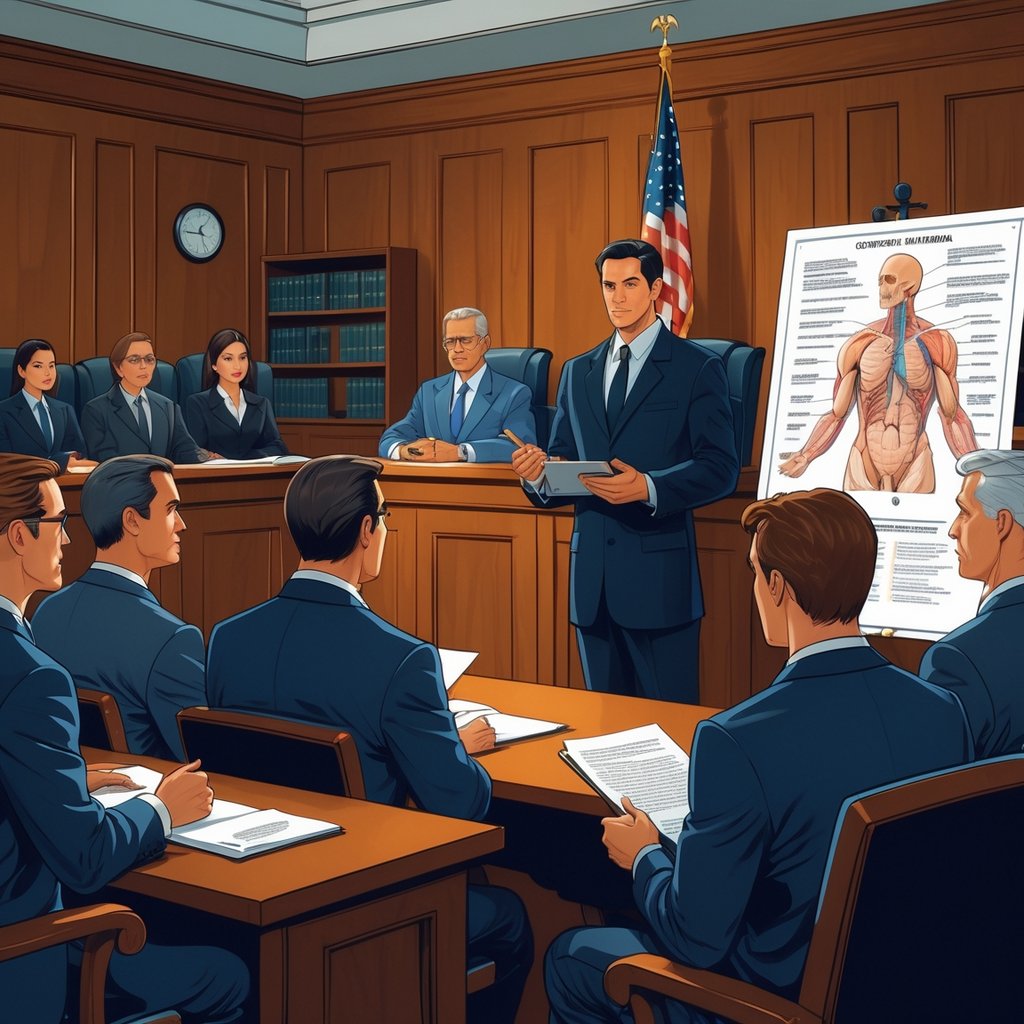 A courtroom scene with a judge, lawyer presenting evidence, a medical expert explaining anatomy to the jury, and attentive jurors.