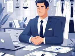A lawyer and a client shaking hands across a desk with legal and medical items nearby, symbolizing a medical malpractice agreement and payment.