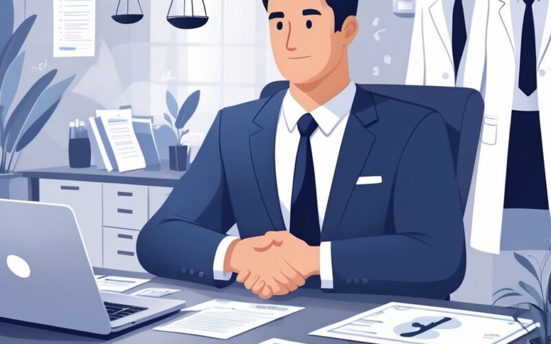A lawyer and a client shaking hands across a desk with legal and medical items nearby, symbolizing a medical malpractice agreement and payment.