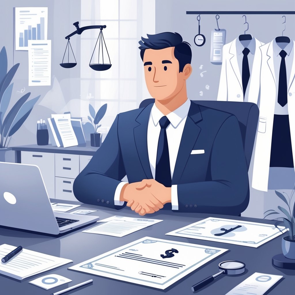 A lawyer and a client shaking hands across a desk with legal and medical items nearby, symbolizing a medical malpractice agreement and payment.