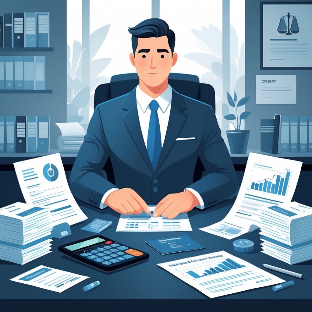 A medical malpractice lawyer in an office reviewing documents and financial charts, surrounded by medical bills, legal contracts, and a calculator.