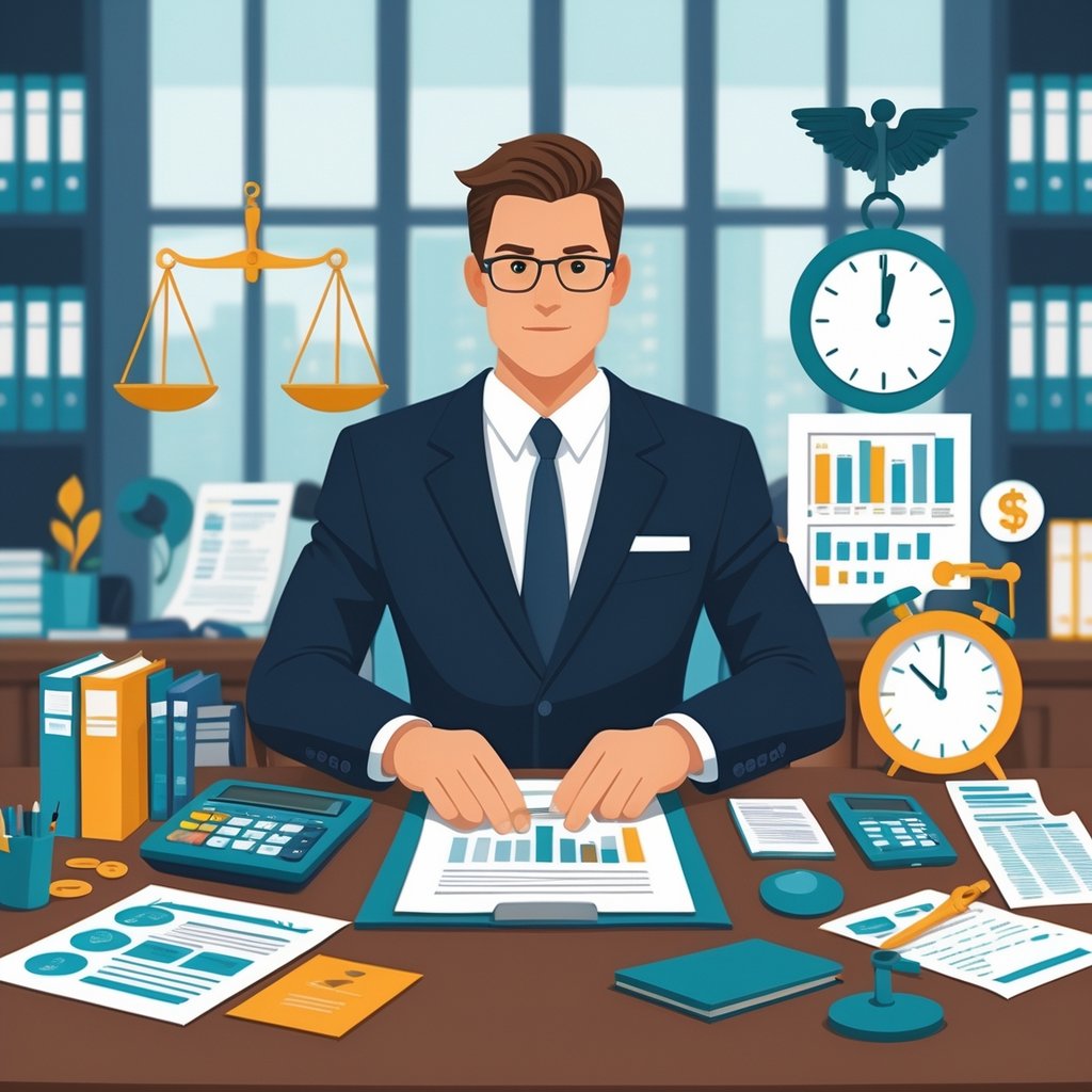 A lawyer in an office reviewing case files with symbols of justice, finance, time, and medical elements around them.