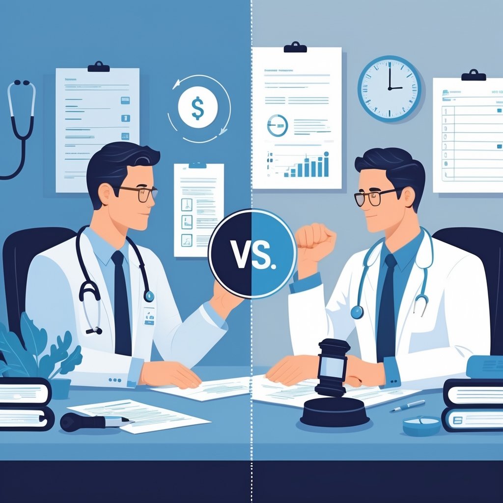 Two lawyers in separate office settings, one consulting a patient in a medical environment and the other working in a traditional legal office, with visual symbols representing different payment models between them.