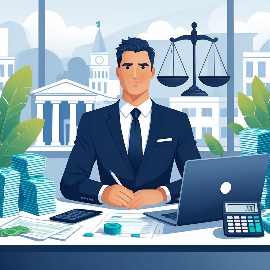 A medical malpractice lawyer working at a desk with legal documents, money, and symbols of justice and earnings around them.