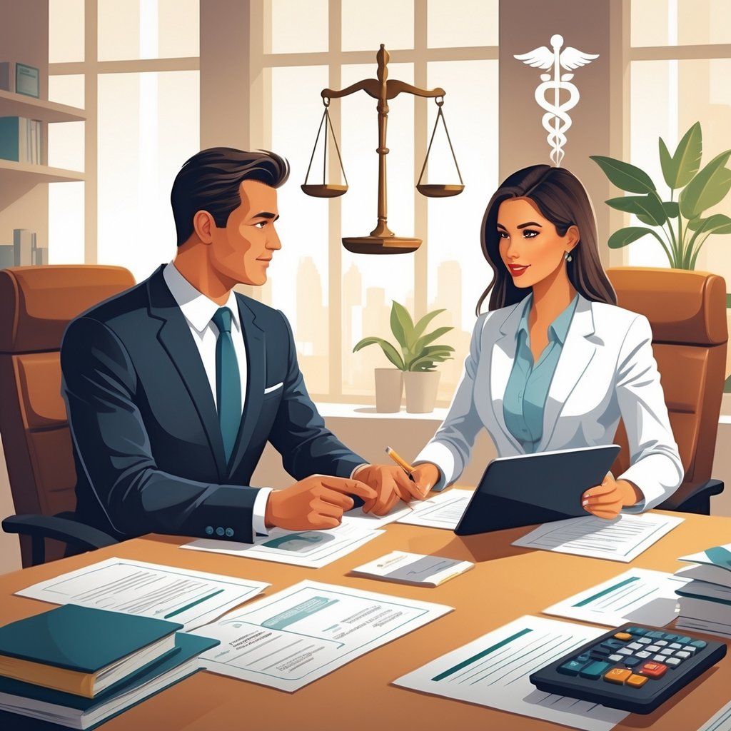A medical malpractice attorney consulting with a client in an office, discussing documents and payment details with medical and legal symbols in the background.