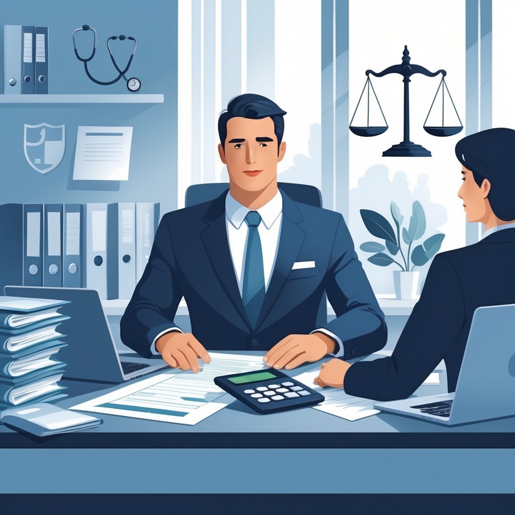 A medical malpractice lawyer discussing documents with a client in an office, with legal and medical symbols nearby.