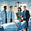 A hospital scene showing medical professionals around a patient in bed with legal symbols in the background representing medical negligence liability.