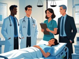 A hospital scene showing medical professionals around a patient in bed with legal symbols in the background representing medical negligence liability.