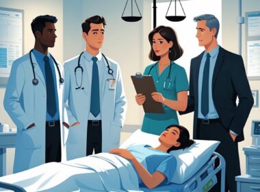 A hospital scene showing medical professionals around a patient in bed with legal symbols in the background representing medical negligence liability.