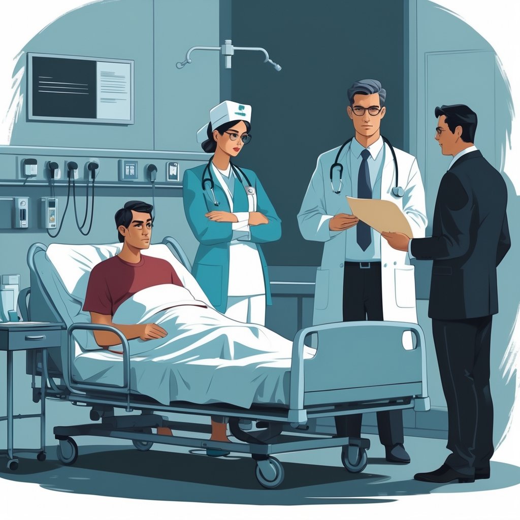 A patient in a hospital bed with a doctor and nurse discussing a medical chart, with a courtroom scene in the background showing a judge and lawyer reviewing documents.