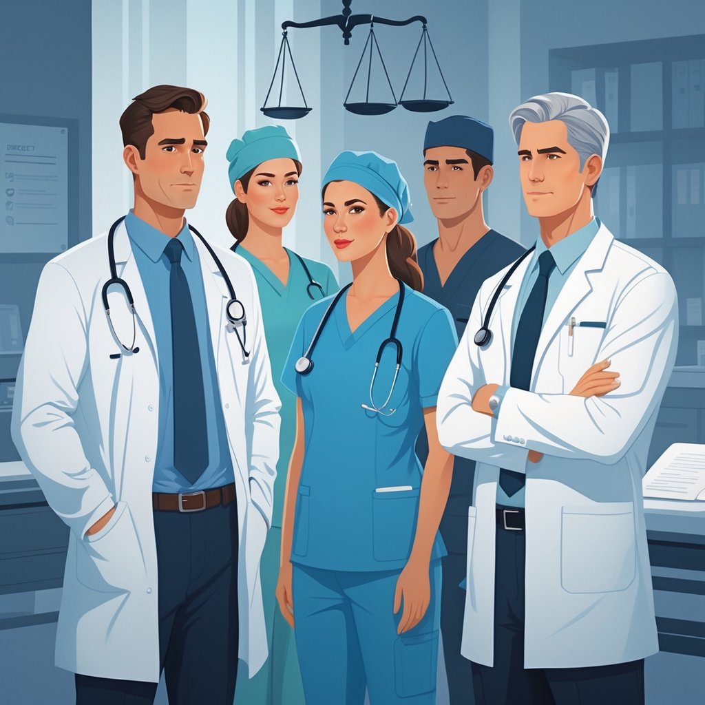 Healthcare professionals including a doctor, nurse, and surgeon in a hospital setting with legal symbols like scales of justice in the background, representing medical negligence liability.