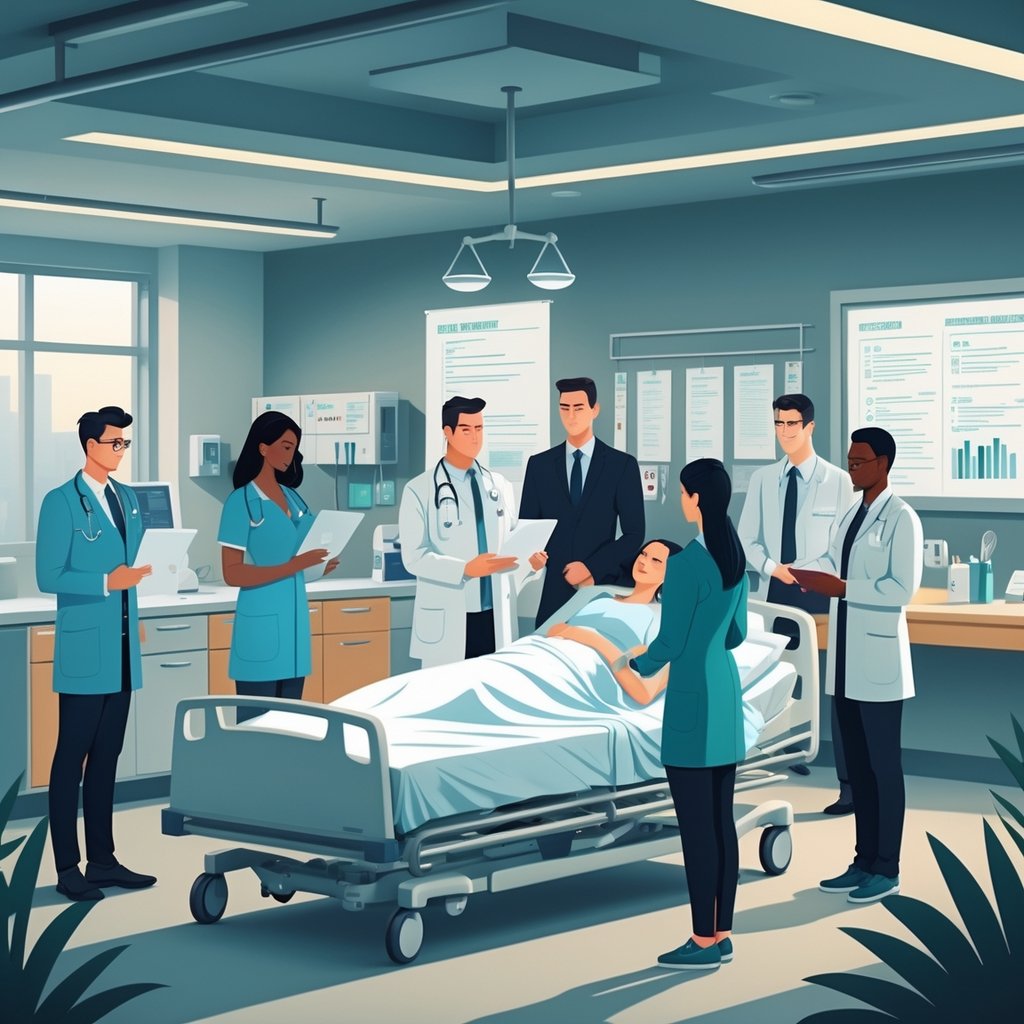 A hospital scene showing healthcare professionals caring for a patient while hospital administrators review documents nearby, representing responsibility for medical negligence.