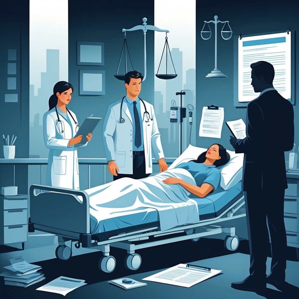 A hospital scene with a doctor and nurse caring for a patient, a balanced scale of justice nearby, and a shadowy figure representing a third-party, symbolizing medical negligence liability.