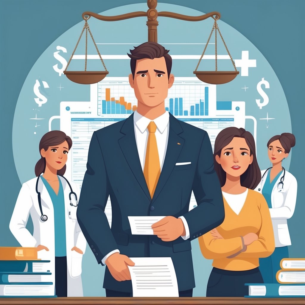 A lawyer standing with a concerned patient in a hospital setting, while medical staff discuss charts in the background, symbolizing medical negligence and legal responsibility.