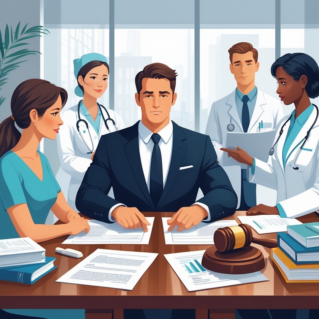 A patient consulting a lawyer about medical negligence liability, with a doctor and nurse nearby in an office setting.