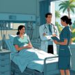A patient sitting on a hospital bed with a doctor and nurse nearby in a hospital room, showing a serious and concerned atmosphere.
