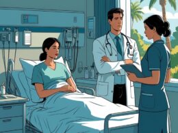 A patient sitting on a hospital bed with a doctor and nurse nearby in a hospital room, showing a serious and concerned atmosphere.