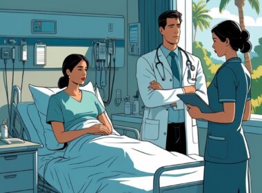 A patient sitting on a hospital bed with a doctor and nurse nearby in a hospital room, showing a serious and concerned atmosphere.